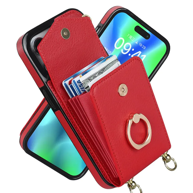 Rotatable Metal Ring Holder Phone Case For iPhone 11 12 13 14 Pro Max 7 8 15 Plus Multifunctional PU Leather Card Holder Wallet