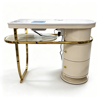 Table de manucure avec cadre doré et aspirateur de poussière, bureau de salon de manucure blanc crème avec armoire de rangement, étagère latérale en verre, station de nail art