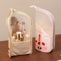 Pochette de voyage pour cosmétiques avec porte-pinceaux intégré et poches internes, petite trousse à pinceaux de maquillage autoportante
