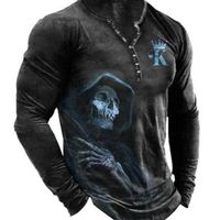 Chemise Henley à manches longues pour homme, style vintage européen-américain, col en V, motif crâne, sept boutons, tissu imitation coton