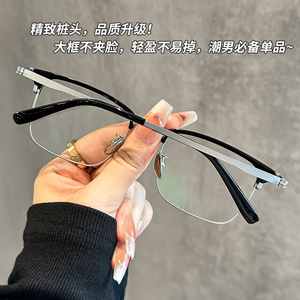 Gafas Retro Cuadradas de Media Montura de Titanio Puro 26022 con Filtro de Luz Azul para Hombre, Montura Ancha para Miopía, Lentes de PC - Product Image 2