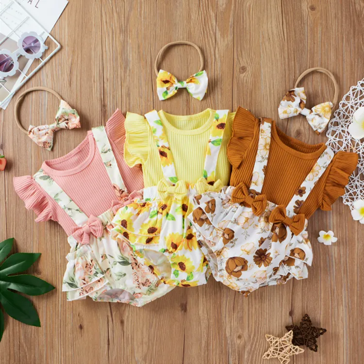 Vestiti per neonata top per neonate + pantaloncini con bretelle stampati floreali girasole completi Set di abbigliamento per neonati