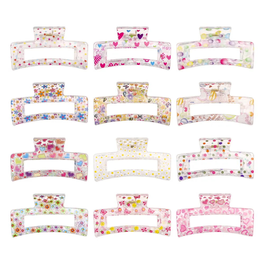 2022 Spring Summer Colorful Printed Transparent Hair Claws Plastic Rectangle Hair Claw For Girls