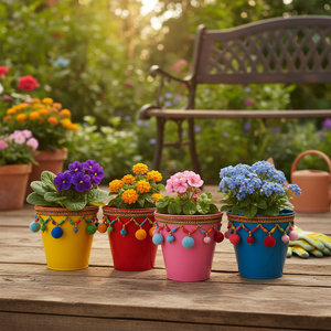 NF Lauren Customized Color Pom Flower Pot Private Label Decorative <b>Plastic</b> Garden <b>Planter</b> Boho Style Hand Decorated Plant - Product Image 3