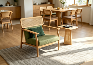 Chaise de salon scandinave en bois avec assise rembourrée verte et dossier en rotin, mobilier moderne pour la maison - Product Image 3