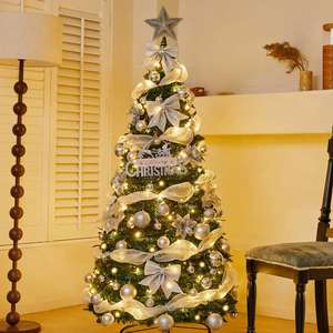 Arbre de Noël artificiel blanc pré-éclairé pliable de 1,2 m à 2,1 m de haute qualité avec lumières LED et décorations pour usage intérieur – Vente en gros - Product Image 2