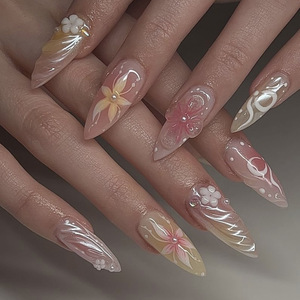 Ongles à presser personnalisables en gros, style français, forme amande moyenne, en ABS, avec motif <span class=keywords><strong>perle</strong></span>, fleur 3D, lune et dégradé de couleurs - Product Image 1