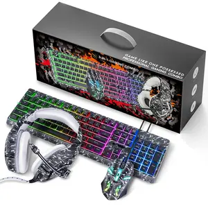 Kabel Gaming Keyboard dan Mouse Headset Combo Pelangi LED Backlit Kabel Keyboard Atas Telinga Headphone Gaming Mice untuk PC,Laptop