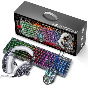 Bedrade Gaming Toetsenbord En Muis Headset Combo Regenboog Led Backlit Bedraad Toetsenbord Over Oor Hoofdtelefoon Gaming Muizen Voor Pc, Laptop