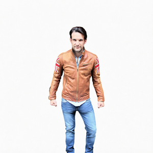 Blouson moto en cuir marron pour homme avec patchs Union Jack, fermeture éclair, col rabattable, coupe ajustée, coupe-vent, pour l'automne - Product Image 1