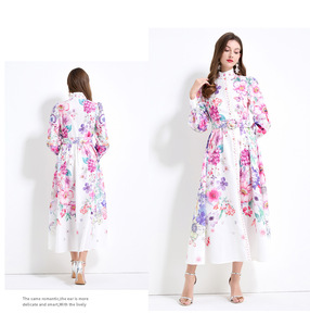 Vintage Stand Collar <strong>Printed</strong> Long <strong>Skirt</strong> Women European and American Elegant Dress - Product Image 3