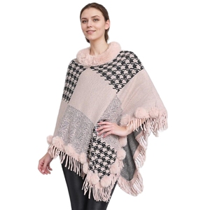 Chal de Moda para Mujer con Patrón de Pata de Gallo, Capa de Piel Sintética con Borlas y Pompones, Abrigo Cálido para Invierno - Product Image 3
