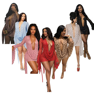 PEEQI D10165 <span class=keywords><strong>Abito</strong></span> Estivo da Donna alla Moda, Sexy, con Stampa a <span class=keywords><strong>Pois</strong></span>, Scollo a V Profondo, Maniche Lunghe Arricciate, Vestito Avvolgente con Schiena Scoperta - Product Image 1