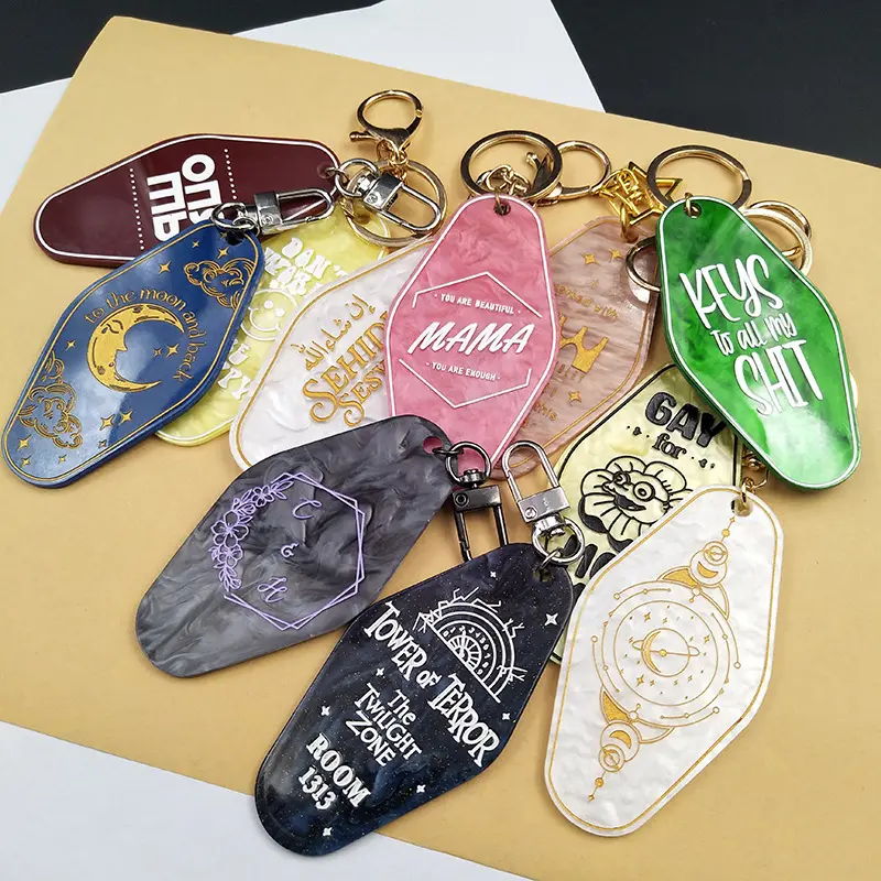 Custom Logo Color Material acrylic Key Tags Promotional Blank Plastic Retro Vintage Motel Room Hotel Keychain