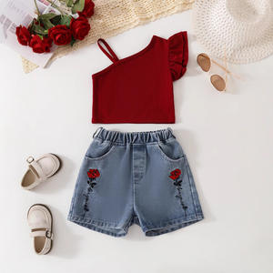 2025 Shorts in Denim per ragazze estate nuova tuta Casual gilet rosso a tinta unita e Hot Pants per Set da <span class=keywords><strong>bambina</strong></span> - Product Image 2