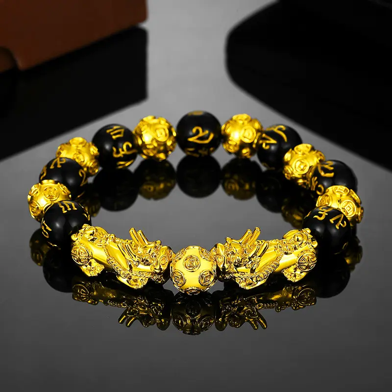 12mm Obsidian Beaded Bracelets Beads Pi Yao Dragon Charm Elastic Amulet Charm Pixiu Wealth Luck Feng Shui Bracelet for Men Wome