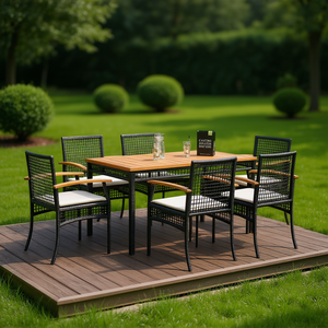 Set da Pranzo da Giardino in Polyrattan per 6 Persone con Piano in Teak Nero, Arredamento da Esterno Contemporaneo Resistente alle Intemperie - Product Image 2