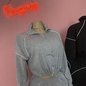 Kadın katı Casual mahsul İpli ceket ve uzun pantolon 2 parça Set 2025 kış güz egzersiz Joggers pantolon seti kadın giyim - Product Image 3