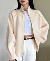 Damen-Strickjacke im koreanischen Stil für den Herbst, dick, mit langen Ärmeln, einfarbig, Stehkragen, Reißverschluss