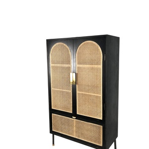 ตู้เสื้อผ้าไม้สีดำสไตล์เรโทร พร้อมโครงหวายแบบถอดประกอบได้ สำหรับห้องนั่งเล่น - Product Image 3