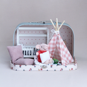 Portable Dollhouse Suitcase Miniature Bedroom Play set Wooden Bunk Star <strong>Bedding</strong> Gingham Teepee Rug Pretend Play - Product Image 5