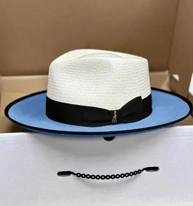 Two Tone Paper <b>Straw</b> <b>Fedora</b> Hat With Black Ribbon Band Sunshade Wide Brim Beach Hat for Women - Product Image 3