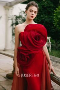 Jusere Abito da Sera Formale Unico Rosso Bordeaux in <span class=keywords><strong>Tulle</strong></span> e Raso <span class=keywords><strong>con</strong></span> Fiori 3D Fatti a Mano Abito da Sera <span class=keywords><strong>Lungo</strong></span> a Sirena - Product Image 3