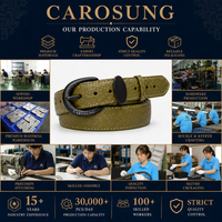 Ceinture pour homme Carosung en cuir véritable vintage décontractée, motif damassé vert olive, boucle noire mate, largeur 3,5 cm