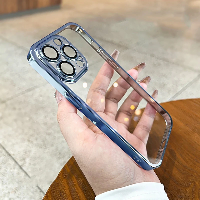 Electroplated TPU Soft Phone Case for IPhone 11 12 13 14 15 16 17 Pro Max Plus Transparent Shockproof Cover with Lens Protectors