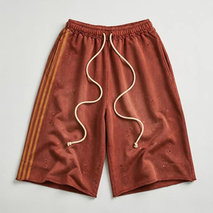 Custom Heavyweight Vintage Wash Distressed Shorts Men Custom Logo Streetwear Side Stripe Ripped Sweat Shorts Oversized Gym Short - Product Image 3