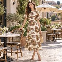 Robe midi vintage à imprimé floral pour femme, manches bouffantes, coupe trapèze, robe d'été décontractée, vêtements de mode en gros