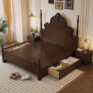 Vintage French Style Solid Wood <b>Poster</b> Bed 1.5M 1.8M Hand Carved Bedroom Furniture - Product Image 3