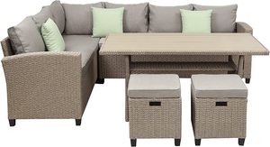 طقم أثاث خارجي مكون من 5 قطع، طقم أثاث للفناء مصنوع من الخوص المقاوم لجميع الظروف الجوية، أريكة قطاعية وطاولة طعام وكراسي - Product Image 2