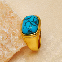 Bague en Acier Inoxydable Turquoise en Gros, Anneau Chevalier en Or 18K avec Matrice Naturelle Sertie pour Femme, Collier Acero Ganku