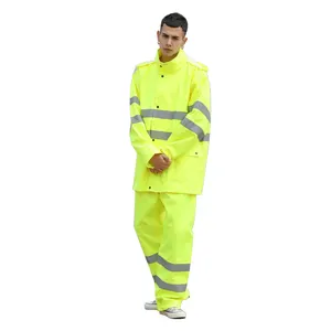 工厂定制摩托车高可见度聚酯户外雨衣夹克裤子套装防水反光雨衣黄色