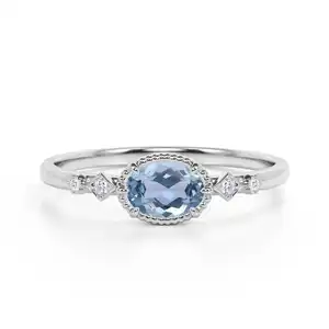 Best Selling East West 1.10 Carat Oval Cut Genuine Aquamarine and Diamond Bezel Engagement Ring in 14K/18K Solid Gold