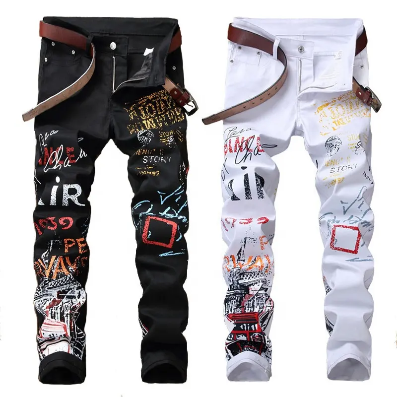 Pantalones vaqueros de estilo Hip Hop para hombre, Jeans con estampado de diseñador Personal, Color blanco y negro, para Club nocturno, Punk