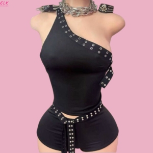 Ladies Outfits 2 Pieces <strong>Set</strong> <strong>Sexy</strong> Asymmetric Sleeveless Crop Top Shorts <strong>Set</strong> for Women - Product Image 1