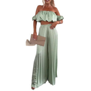 2025 yaz moda parti günlük pantolon kıyafet off-omuz kolsuz Tube tüp üst + geniş bacak pantolon seti kadınlar seksi 2 parça Set - Product Image 6