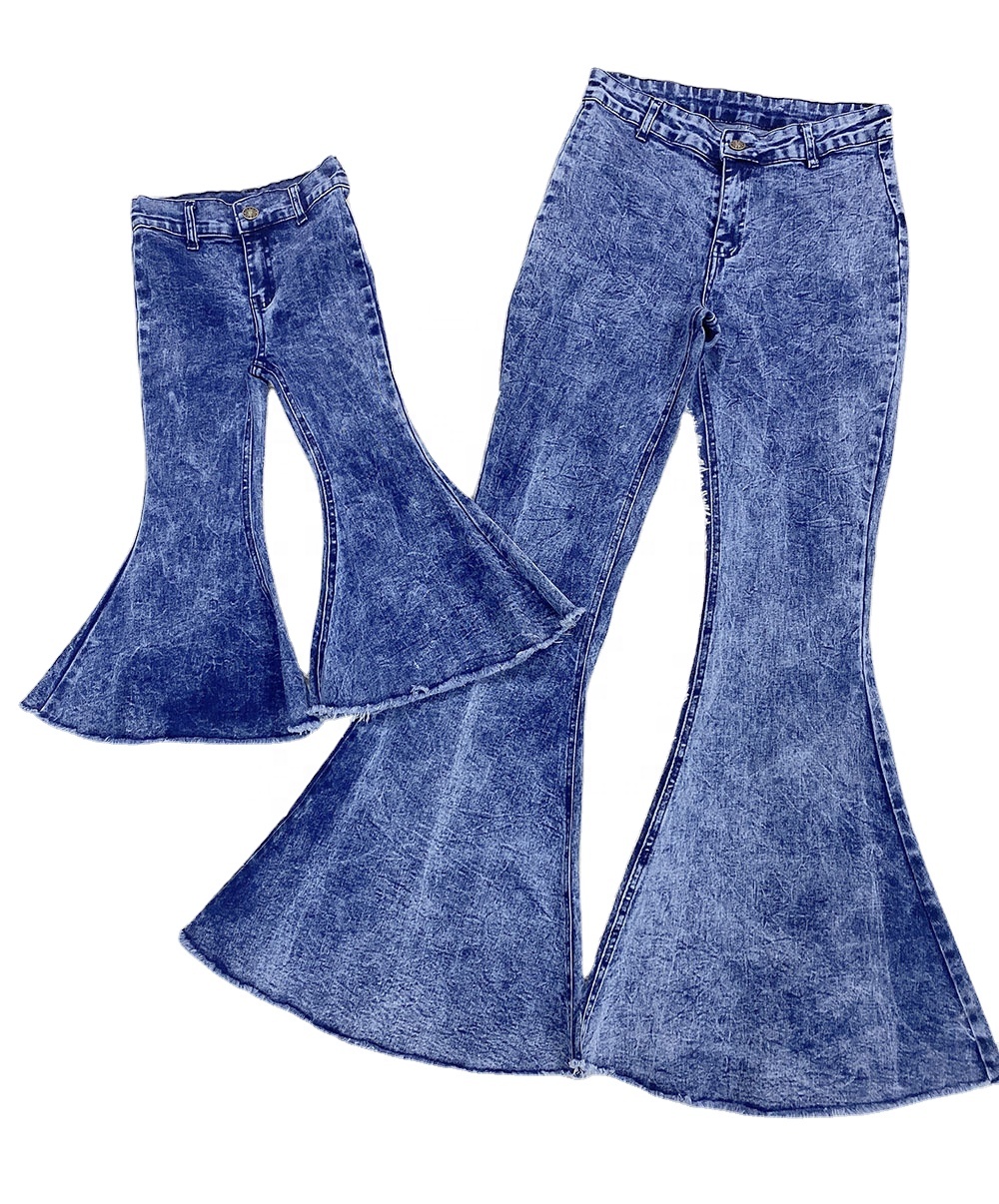 Wholesale Fashion Mommy and me Denim Flared Pants Girl's Blue Bell Bottoms Kid's Autumn Pants