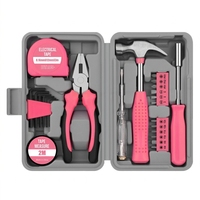Kit d'outils ménagers en acier au carbone rose, kit de réparation de quincaillerie, pinces, clé à molette, marteau, tournevis, mètre ruban, boîte de rangement en plastique