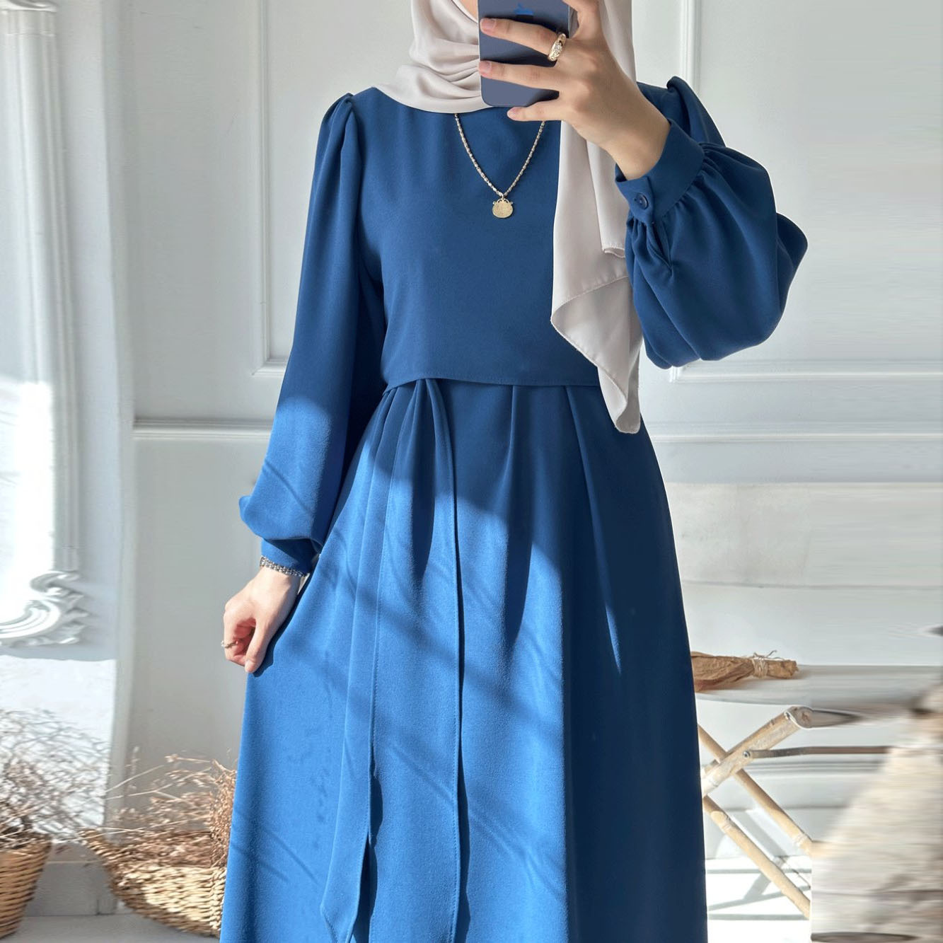 X219 2025 Spring Solid Color Muslim Long Sleeve Blouse Dress