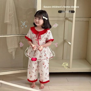 סט חצאית גזה מודפסת עם הדפס מצויר, בגדי בית לילדים, סט מכנסיים קצרים לילדות לקיץ, סופגי לחות - Product Image 1