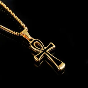 18k Gold Plated Ankh Cross Pendant Men's Stainless Steel Black Ankh Cross Pendant with Box Chain Hip Hop Cross Charm