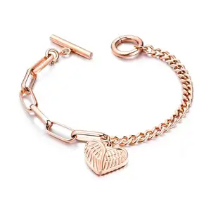 Italian Rose Gold Romitic Angel Wings Stainless Steel Chain Bracelet for Women with Charm Signet