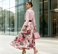 Ensemble deux pièces pour femmes, chemise à manches longues à carreaux, jupe longue à imprimé floral rose, tenue décontractée élégante pour femmes, vêtements de mode pour femmes