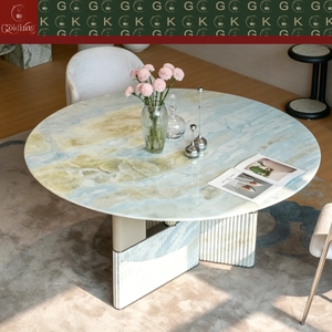 Mesa de Comedor Redonda de Mármol Azul Cielo con Vetas Verdes GOLDKING, Base de Doble Panel con Marco Metálico Acanalado, OEM ODM - Product Image 2
