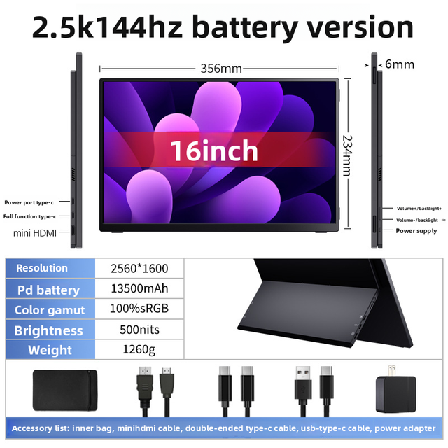 16Inch UHD 2.5K 144Hz Portable LCD Gaming Monitor with 3ms HD USB-C Type-C Port Portable LED Screen with battery