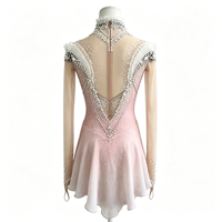 Robe de patinage artistique rose à col haut et manches longues, en tissu maillé avec strass pour enfants et adultes, pour compétitions et spectacles sur glace