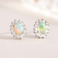 Boucles d'oreilles clous ovales en zircon pavé pour femme, en argent 925, avec opale naturelle éthiopienne, vente en gros